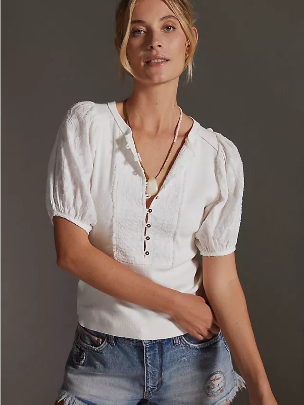 Anthropologie Ivory Textured Puff-Sleeve Button Henley Blouse